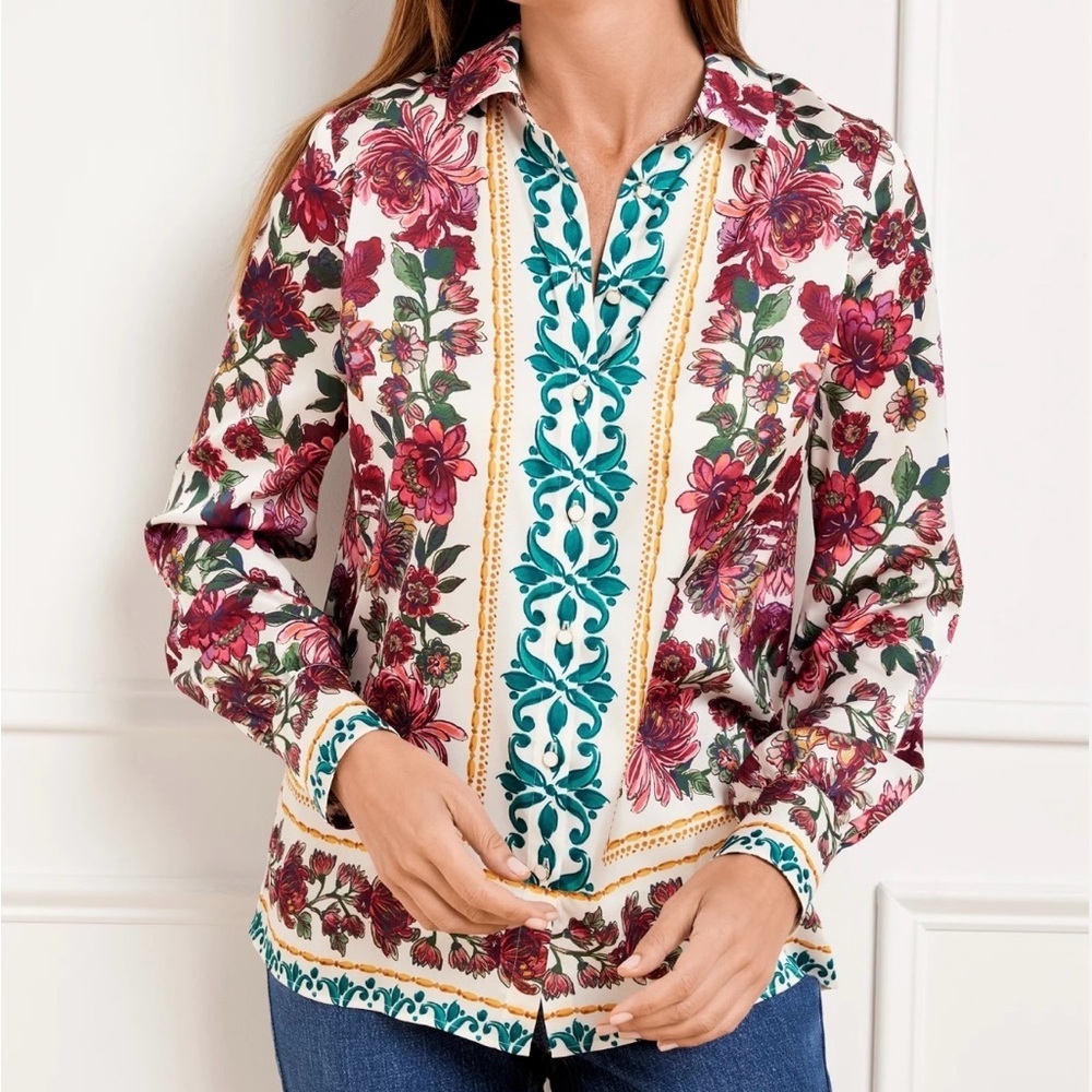 Talbots Women’s Soft Satin Charmeuse Floral Button Down Stretch Long Sleeves XL